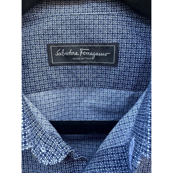 Salvatore Ferragamo Men's City Fit Blue Pattern Shirt 100% Cotton Made in Italy - Picture 10 of 12